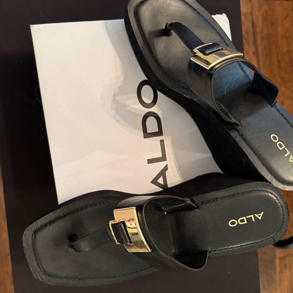 Aldo Black and Gold Sandals with Gold Buckle